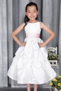 Best White Scoop Ankle-length Taffeta Flower Girl Dress with Belt