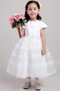 Cute White Princess Scoop Tea-length Dress for Kids in Satin and Lace