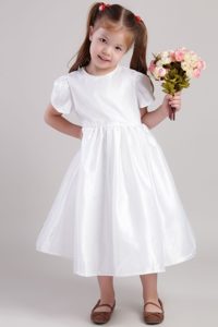 Princess Scoop Tea-length Taffeta Little Girls Formal Dresses in White