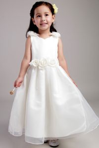 White Straps Ankle-length Taffeta and Organza Girl Dresses with Flower