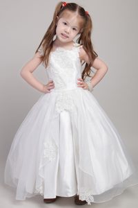 Straps White Little Girls Dresses in Taffeta and Organza with Appliques