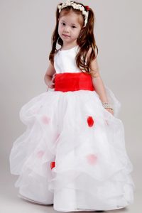 White and Red Scoop Girl Birthday Dress in Taffeta and Organza