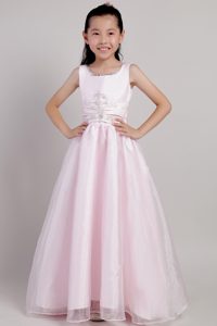 Pink Scoop Ankle-length Taffeta and Organza Child Dresses with Beading