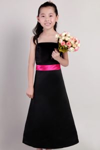 Black Straps Ankle-length Little Girls Beauty Dresses with Sash in Taffeta