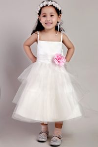 White Straps Tea-length Tulle Toddler Flower Girl Dresses with Flowers