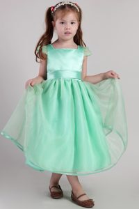 Apple Green Square Tea-length Girl Dresses in Organza with Belt