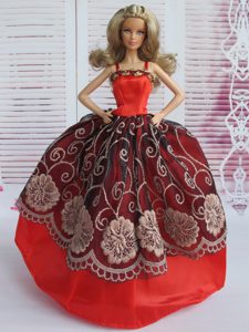 Beautiful Embroidery Ball Gown Red and Black Barbie Doll Dress
