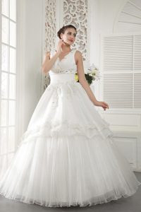 Unique Ruched and Beaded V-neck Long Bridemaid Dress for Church Wedding