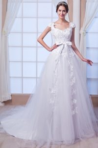Square Lace-up Tulle Popular Wedding Cocktail Party Dress with Chapel Train