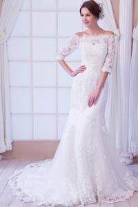 Dressy Off The Shoulder Court Train Cocktail Reception Gown with 1/2 Sleeves