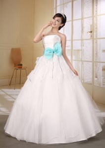 Impressive Long Lace-up Organza Dress for Wedding with Aqua Blue Bowknot