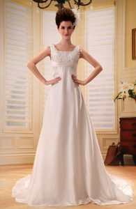 Beautiful Zipper-up Chiffon Beaded Wedding Dress with Court Train for Winter