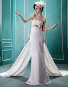 Classical Beaded Watteau Train Elastic Wove Satin Wedding Dress in Ivory
