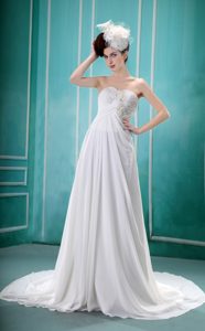 Popular Ruched Court Train Zipper-up White Spring Dress for Brides under 200