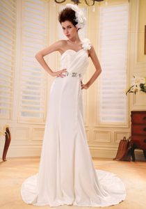 One Shoulder Beaded and Ruched Ivory Wonderful Wedding Gown with Flowers