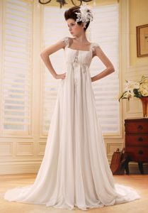 Elegant Appliqued Ivory Court Train Wedding Reception Dresses with Ruches