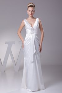 Romantic V-neck White Taffeta Wedding Dresses with Beading and Ruches