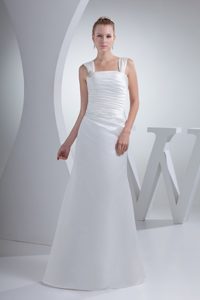 Classical Ruched and Beaded Square Long Wedding Bridal Gown with Straps