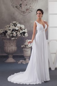 Sexy Plunging V-neck Beaded Court Train White Dress for Brides with Pleats