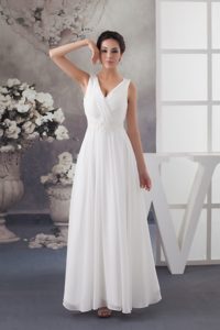 Gorgeous V-neck Ruched Ankle-length Wedding Bridal Gowns with Appliques