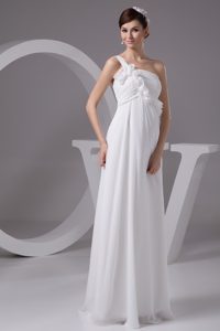 One Shoulder Ruched Zipper-up White Unique Long Bridal Dress with Flowers