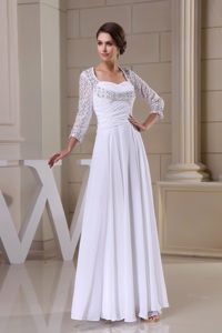 3/4 Sleeves Ankle-length Zipper-up White Chiffon Bridal Gown with Beadings