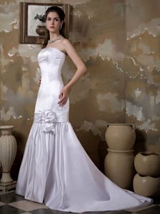 Strapless Court Train Mermaid Luxurious Spring Wedding Dress with Flower