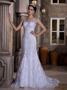 Mermaid V-neck Court Train Lilac Zipper-up Beautiful Bridal Gown for Summer