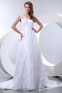 Fabulous V-neck Court Train Taffeta and Lace Wedding Bridal Gown