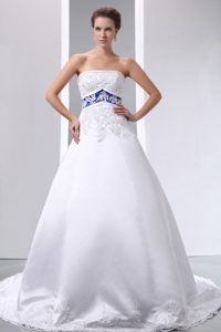 White and Blue Satin and Lace Appliqued Modern Bridal Gowns under 200