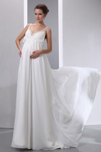 Luxurious V-neck Maternity Beaded Dresses for Brides in White