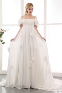 Off The Shoulder White Impressive Wedding Bridal Gowns with Chapel Train