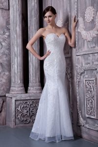 Magnificent White Mermaid Satin and Organza Wedding Gown in Floor-length