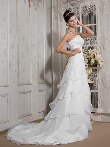 New Strapless Court Train White Organza Wedding Dress with Ruching and Layers