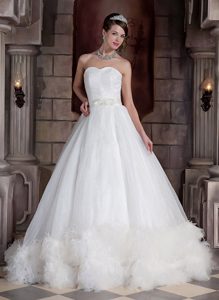 Great Sweetheart Ruched Court Train White Organza Wedding Dress with Feather
