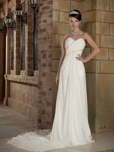 Sweetheart Court Train Chiffon Wedding Dress with Ruching and Beading on Sale