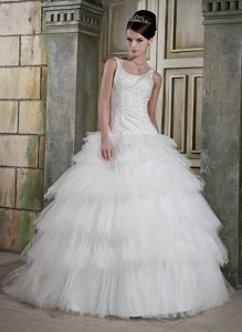 Scoop Straps Long White Wedding Dress with Beading and Layered Ruffles