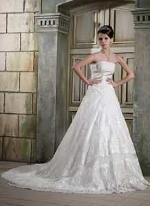 2013 Most Popular Strapless Court Train White Lace Dress for Summer Wedding