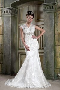 White Mermaid V-neck Tulle Wedding Dress with Beading for Cheap