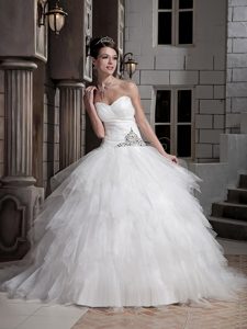 Ruched Sweetheart Ball Gown Court Train Ruffled Wedding Dresses with Beading