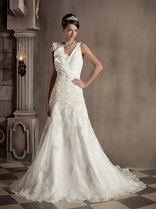 Asymmetrical Straps Court Train Champagne Tulle Wedding Dress with Appliques