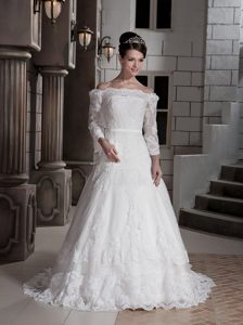 off-the-shoulder Long Sleeves Court Train Princess White Lace Wedding Dresses