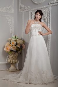 Customized Strapless Court Train White Organza Wedding Dress with Appliques
