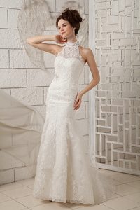High-neck Champagne Mermaid Lace Wedding Dress on Promotion