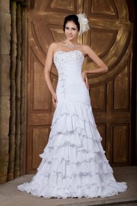 Sweetheart White Ruched Beaded Chiffon Wedding Dress with Layers