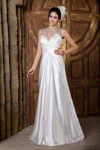 New V-neck Long White Taffeta Wedding Dress with Beading and Ruching