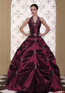 Halter Top Ball Gown Quinces Dress with Embroidery for Wholesale Price