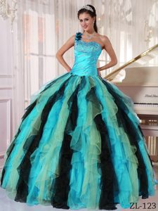 Discount One Shoulder Organza Quince Gowns with Beading and Ruffles