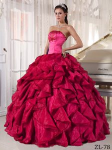 Sweet Hot Pink Ball Gown Strapless Organza Quince Dress with Beading