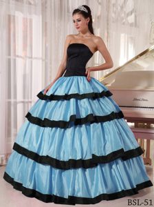 Discount Strapless Ball Gown Taffeta Dress for Quince in Blue and Black